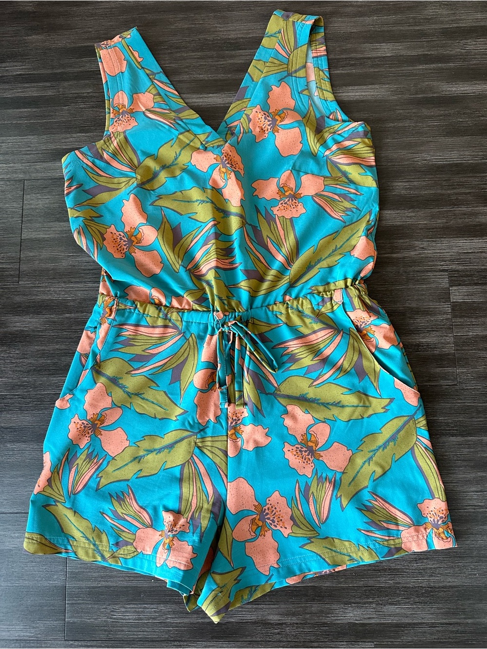 Toad & Co Floral Turquoise Romper with Drawstring Waist